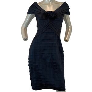 TADASHI Shoji Rosette Pleat Navy Sheath Dress 8
